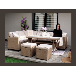 Salon de jardin d’angle LIVANA avec table et 2 poufs beige et brun clair 