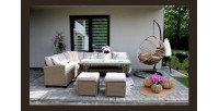 Salon de jardin d’angle LIVANA avec table et 2 poufs beige et brun clair 