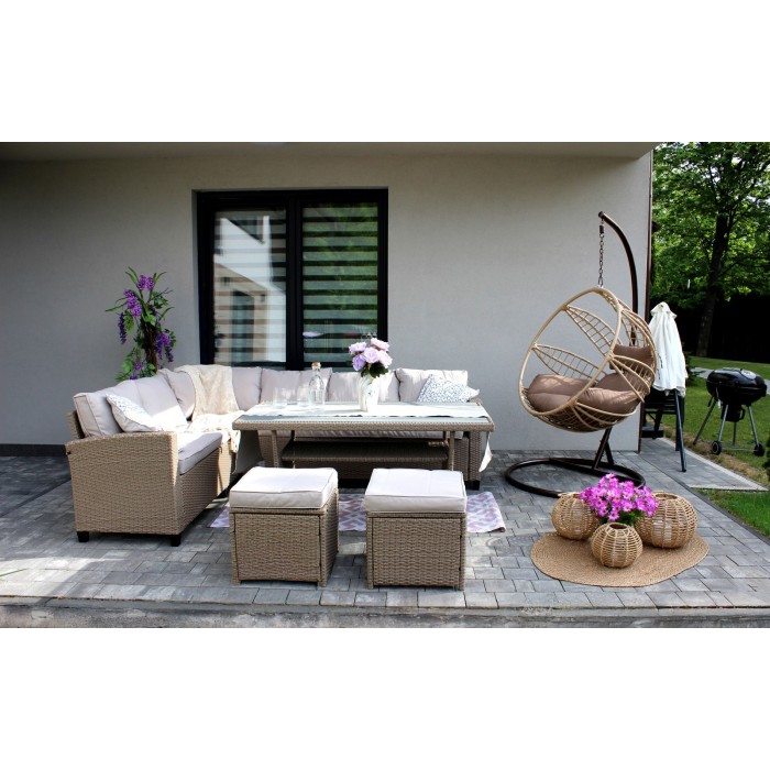 Salon de jardin d’angle LIVANA avec table et 2 poufs beige et brun clair 