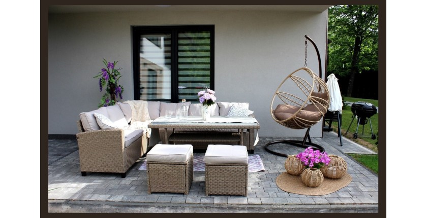 Salon de jardin d’angle LIVANA avec table et 2 poufs beige et brun clair 