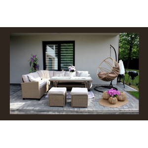 Salon de jardin d’angle LIVANA avec table et 2 poufs beige et brun clair 
