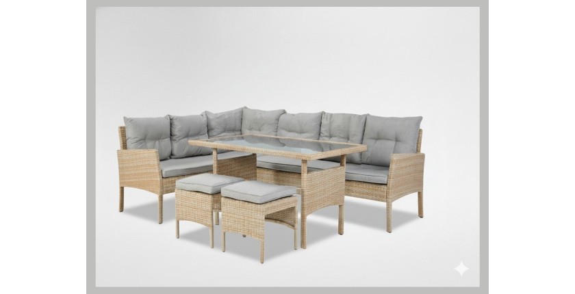 Salon de jardin d’angle BELVENA beige et gris avec table et 2 poufs 