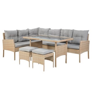 Salon de jardin d’angle BELVENA beige et gris avec table et 2 poufs