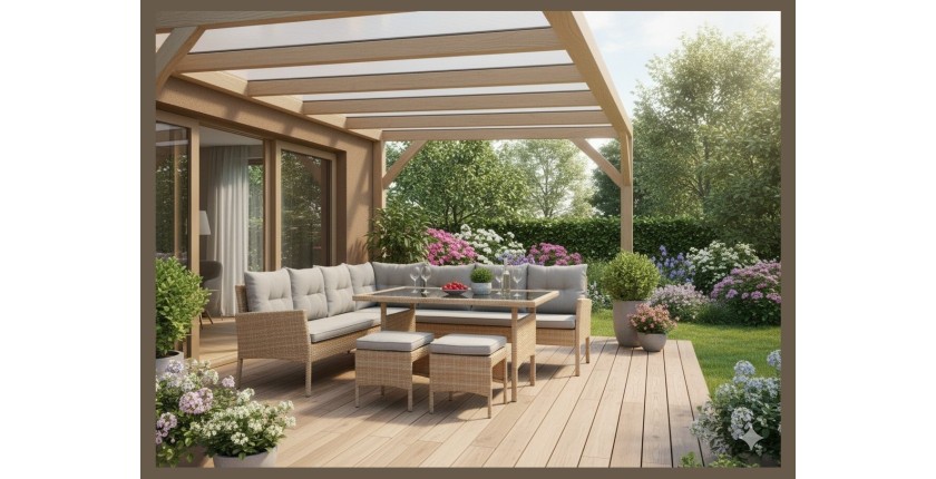 Salon de jardin d’angle BELVENA beige et gris avec table et 2 poufs