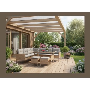 Salon de jardin d’angle BELVENA beige et gris avec table et 2 poufs