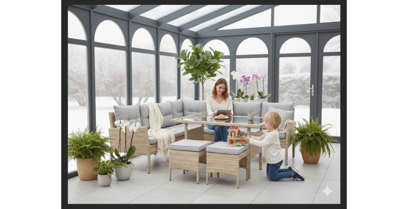 Salon de jardin d’angle BELVENA beige et gris avec table et 2 poufs 