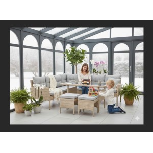 Salon de jardin d’angle BELVENA beige et gris avec table et 2 poufs 