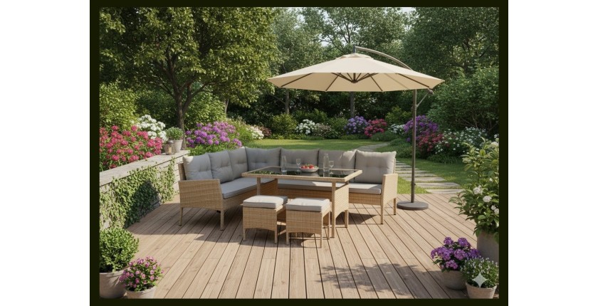 Salon de jardin d’angle BELVENA beige et gris avec table et 2 poufs 