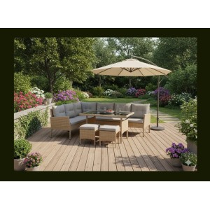 Salon de jardin d’angle BELVENA beige et gris avec table et 2 poufs 