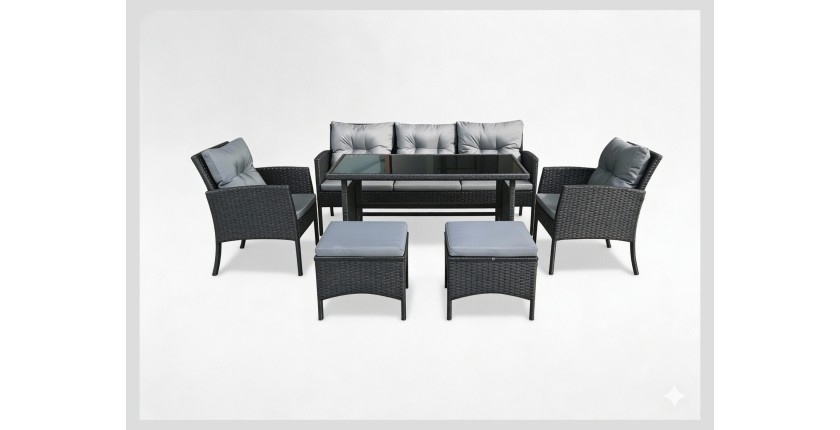 Salon de jardin NOXIA noir et gris avec canapé, fauteuils, poufs et table 