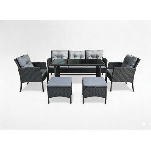 Salon de jardin NOXIA noir et gris avec canapé, fauteuils, poufs et table 