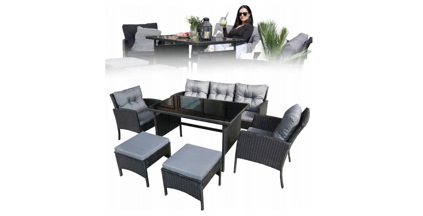 Salon de jardin NOXIA noir et gris avec canapé, fauteuils, poufs et table 