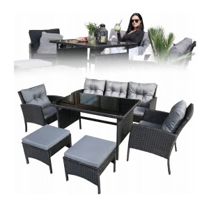 Salon de jardin NOXIA noir et gris avec canapé, fauteuils, poufs et table 