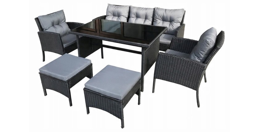 Salon de jardin NOXIA noir et gris avec canapé, fauteuils, poufs et table