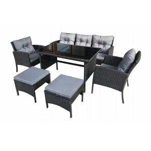 Salon de jardin NOXIA noir et gris avec canapé, fauteuils, poufs et table