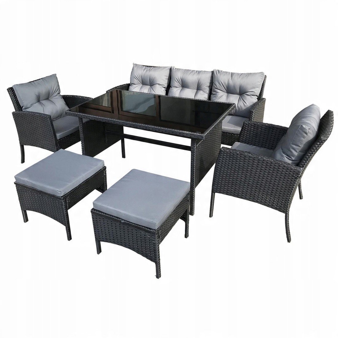 Salon de jardin NOXIA noir et gris avec canapé, fauteuils, poufs et table