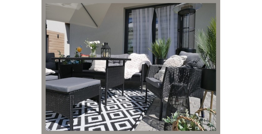 Salon de jardin NOXIA noir et gris avec canapé, fauteuils, poufs et table 
