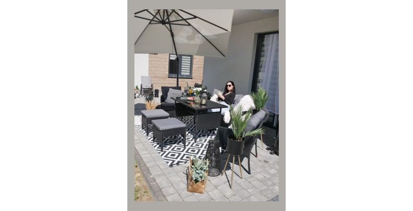 Salon de jardin NOXIA noir et gris avec canapé, fauteuils, poufs et table 