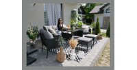 Salon de jardin NOXIA noir et gris avec canapé, fauteuils, poufs et table 