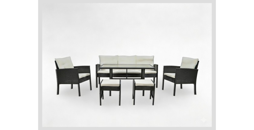 Salon de jardin LUXORIA 7 places noir et crème avec canapé, fauteuils, poufs et table 