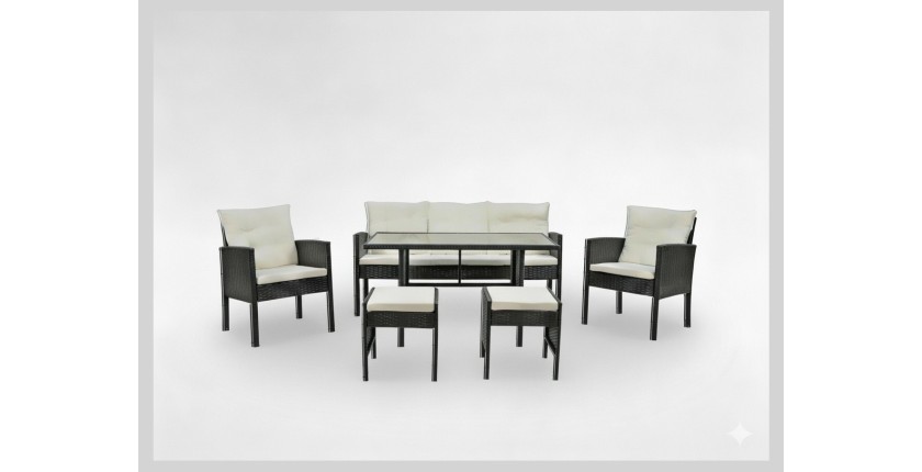 Salon de jardin LUXORIA 7 places noir et crème avec canapé, fauteuils, poufs et table 