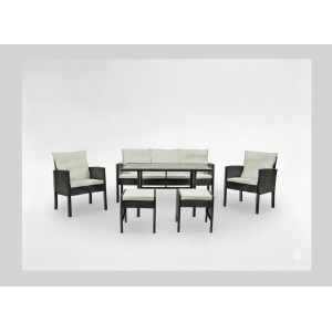 Salon de jardin LUXORIA 7 places noir et crème avec canapé, fauteuils, poufs et table 