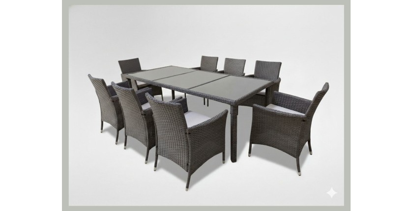 Salon de jardin ZORELIA 8 places brun et beige avec grande table et fauteuils 