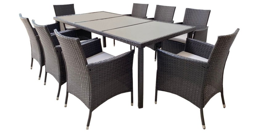 Salon de jardin ZORELIA 8 places brun et beige avec grande table et fauteuils 