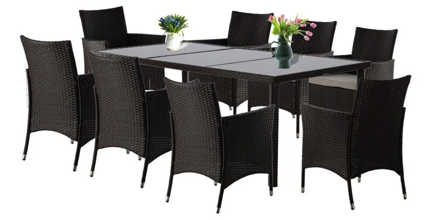 Salon de jardin ZORELIA 8 places brun et beige avec grande table et fauteuils 