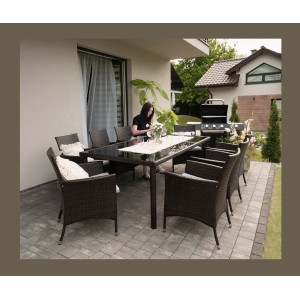 Salon de jardin ZORELIA 8 places brun et beige avec grande table et fauteuils 
