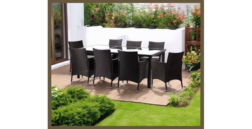 Salon de jardin ZORELIA 8 places brun et beige avec grande table et fauteuils