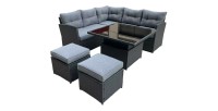 Salon de jardin d’angle ESTERIA 7 places gris avec 2 poufs et table relevable