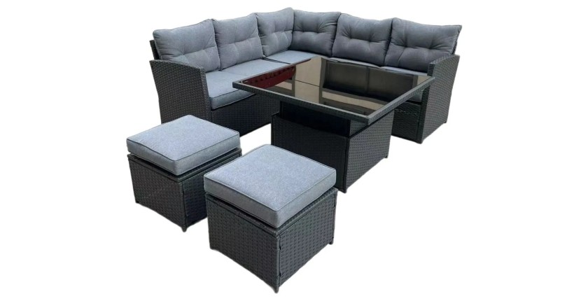 Salon de jardin d’angle ESTERIA 7 places gris avec 2 poufs et table relevable