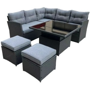 Salon de jardin d’angle ESTERIA 7 places gris avec 2 poufs et table relevable