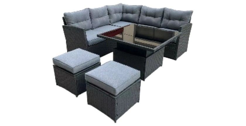 Salon de jardin d’angle ESTERIA 7 places gris avec 2 poufs et table relevable
