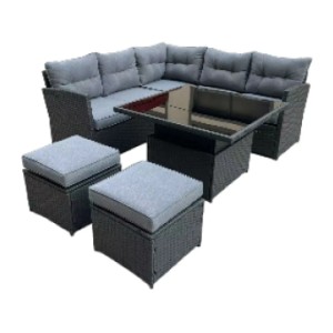 Salon de jardin d’angle ESTERIA 7 places gris avec 2 poufs et table relevable
