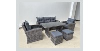 Salon de jardin SORAVIA 7 places gris foncé avec canapé, fauteuils, poufs et table