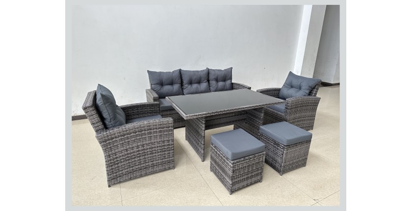Salon de jardin SORAVIA 7 places gris foncé avec canapé, fauteuils, poufs et table