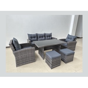 Salon de jardin SORAVIA 7 places gris foncé avec canapé, fauteuils, poufs et table