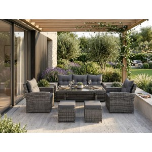 Salon de jardin SORAVIA 7 places gris foncé avec canapé, fauteuils, poufs et table