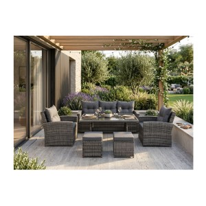 Salon de jardin SORAVIA 7 places gris foncé avec canapé, fauteuils, poufs et table