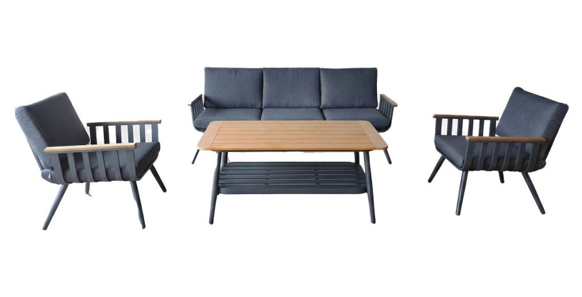 Salon de jardin ELORIA aluminium gris 5 places avec coussins épais et table basse