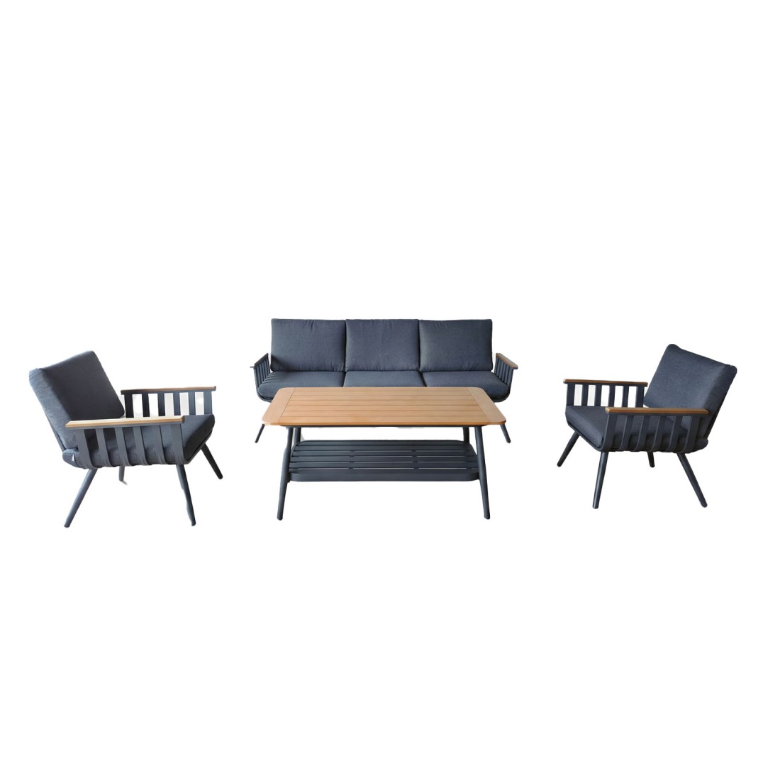 Salon de jardin ELORIA aluminium gris 5 places avec coussins épais et table basse