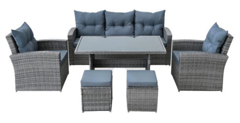 Salon de jardin SORAVIA 7 places gris foncé avec canapé, fauteuils, poufs et table