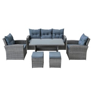 Salon de jardin SORAVIA 7 places gris foncé avec canapé, fauteuils, poufs et table