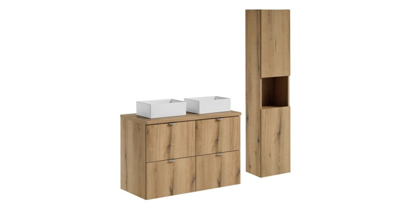 Ensemble VANO chêne 130cm : meubles sous vasque à tiroirs, plan pour vasque, vasques à poser et colonne