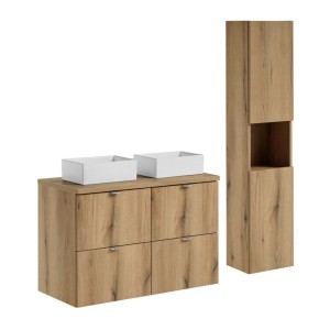 Ensemble VANO chêne 130cm : meubles sous vasque à tiroirs, plan pour vasque, vasques à poser et colonne