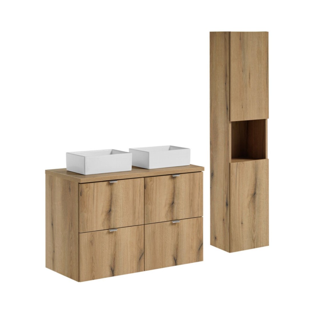 Ensemble VANO chêne 130cm : meubles sous vasque à tiroirs, plan pour vasque, vasques à poser et colonne