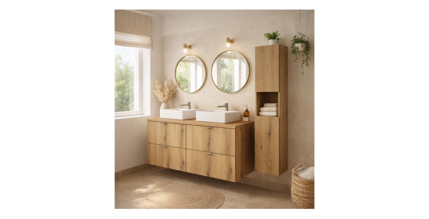 Ensemble VANO chêne 130cm : meubles sous vasque à tiroirs, plan pour vasque, vasques à poser et colonne mis en situation