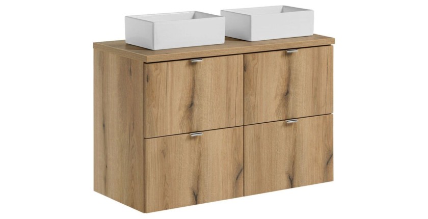 Ensemble VANO 100cm chêne : meubles sous vasque à tiroirs, plan pour vasque et vasques à poser rectangulaire